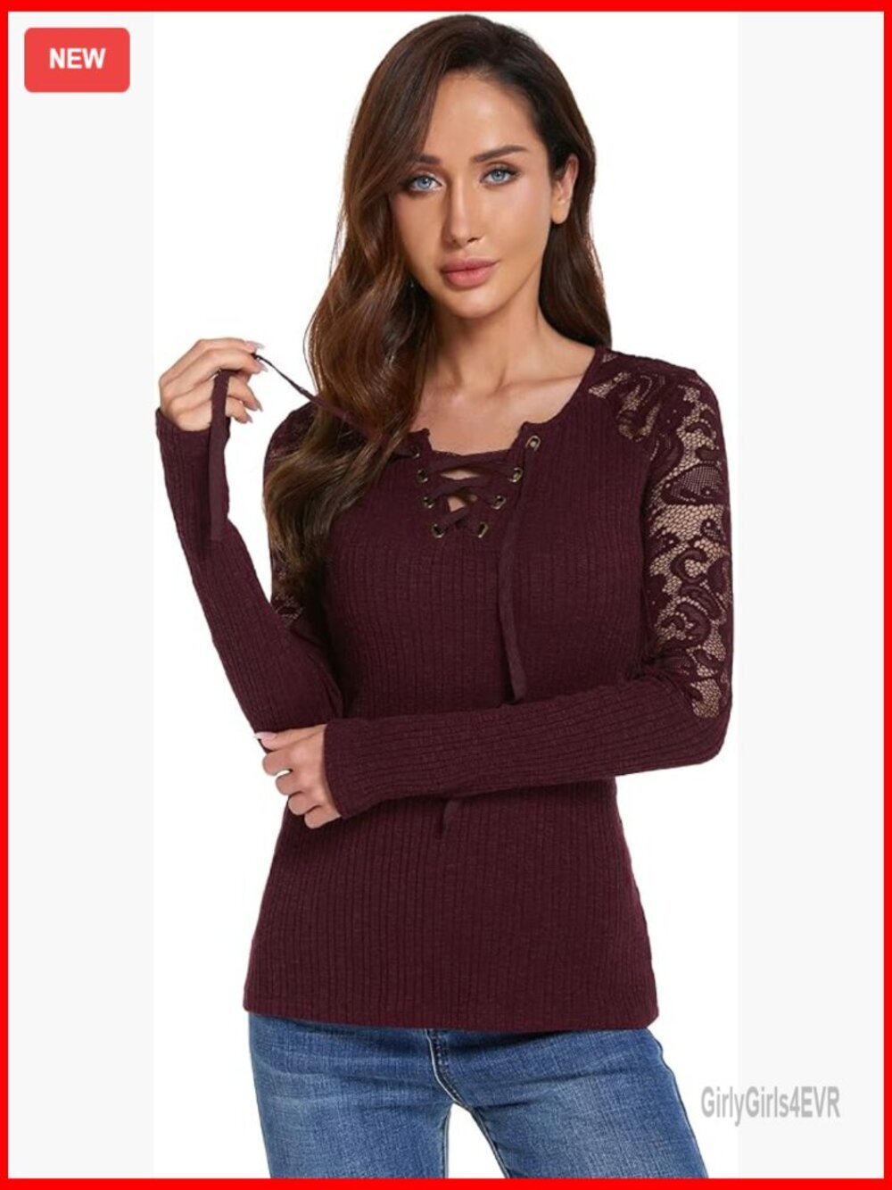 Floral Lace Inset Long Sleeve Ribbed Knit Top Slim Fit
